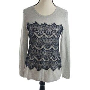 Hannah Womens Size S Top Gray Black Lace Overlay Long Sleeve Knit Pullover